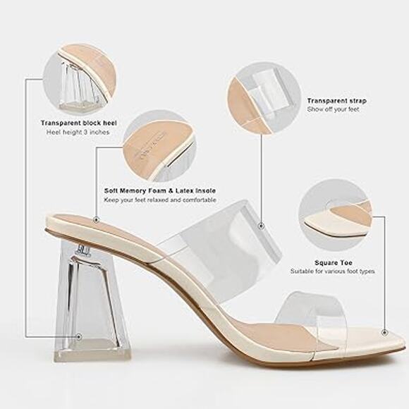 Bctex Coll Womens Clear Plastic 3.5" Chunky Heel Open Toe Off White Sandal Shoes - Picture 4 of 7